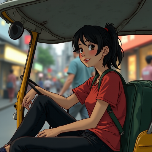 Cartoon Movie​ scene, a 18yr kindness grin Japanese woman,oval face , mullet medium long messy black side hair, wear a red shirt ,black jeans ,navy slip-on​,with green backpack, relax​ sitting on a seat in a thai tuk-tuk, tuk-tuk a silver metal roof that reflects light, There are blurred street lights and shops Chinatown Bangkok in the background.