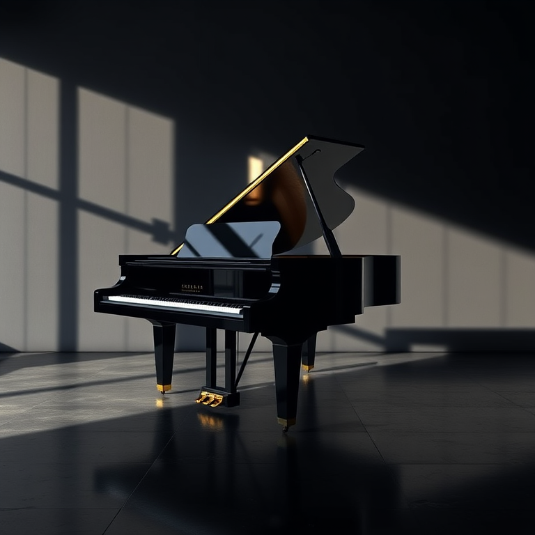 Create a high-resolution image of a grand piano in a minimalistic dark setting, shot with a DSLR camera at 50mm focal length, f/1.8 aperture, ISO 100, with a side view to capture elegant contours and glossy finishes, using soft natural lighting to enhance reflections and details.
