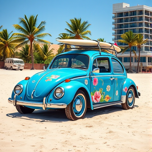 A vibrant blue vintage Volkswagen Beetle adorned with floral patterns and a surfboard on top parked on a sandy beach with palm trees and a modern building in the background, captured with a Canon EOS R5 at f/2.8, ISO 100, 1/500 sec, using a wide-angle lens for a dynamic perspective and enhanced colors in bright daylight.
