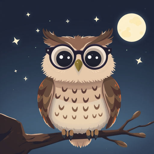 Create a whimsical illustration of an owl with exaggerated round glasses sitting on a branch at night under a full moon and twinkling stars, use a digital art style with a smooth vector finish, camera settings: f/8, ISO 100, shutter speed 1/125s, camera view: close-up, camera type: digital tablet.