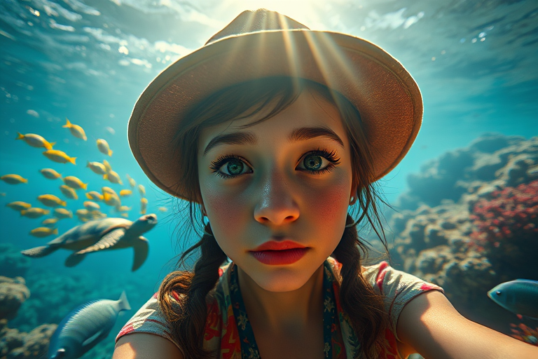 Realistic selfie image of a Guarani, wearing a vintage outfit, detailed dreamy eyes, droopy hooded eyes, staring at the camera, taken underwater at coral reef with a sunbeam filtering through the water, vibrant, summer vacation, natural lighting, turtle and school of tropical fish with vibrant colors, rendered in the style of CryEngine, Pegi Nicol MacLeod, with realistic genre scenes, hauntingly beautiful narratives, ultra-realism, and Thomas Saliot's close-up technique, 8K resolution, crystal clear and sparkling water.