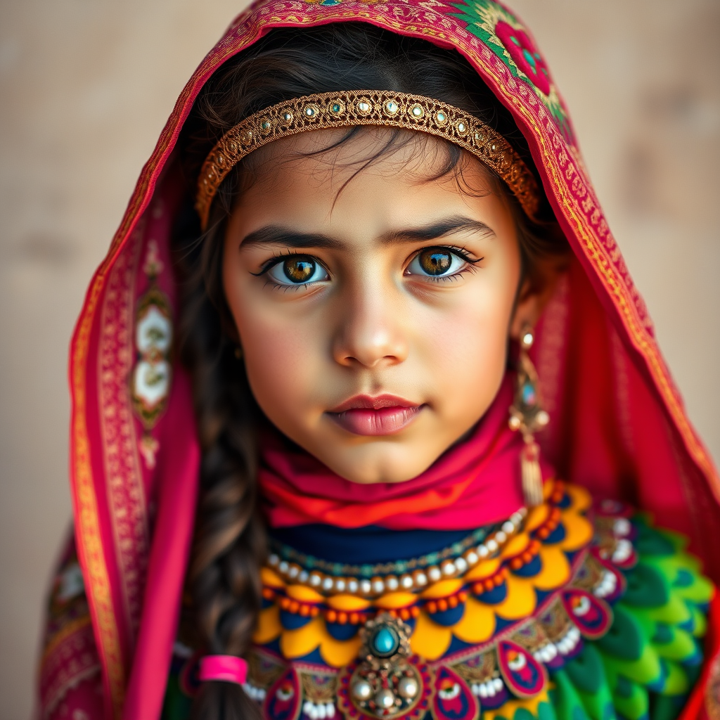 A beautiful Middle Eastern girl, wearing colorful bird clothing with vibrant colors