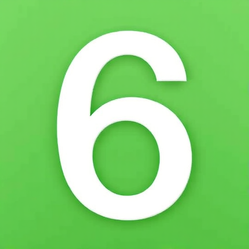 Create a high-resolution image of a large white number 6 on a green background, using a DSLR camera, 50mm lens, f/1.8 aperture, ISO 100, and natural lighting for clarity and vibrant colors.