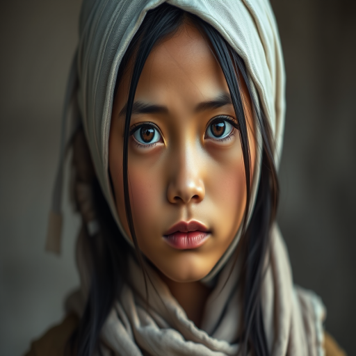 Create a portrait of a young Tibetan female with long, dark hair and captivating hazel eyes. She is wearing a white headscarf and a matching scarf draped gracefully around her neck. The background is softly blurred, focusing attention on her serene and natural expression. The overall color palette is muted and warm, enhancing the intimate and authentic feel of the portrait.