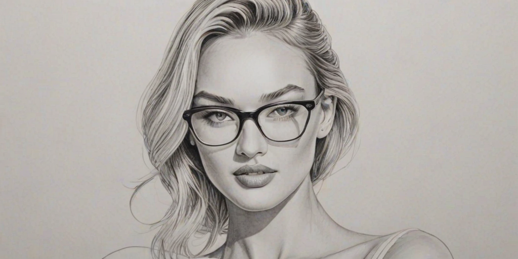 Graceful Candice Swanepoel, pencil sketch, portrait of Graceful woman 1958s in glasses, hair style beatnik, outline, clear lines, fine lines, 8k