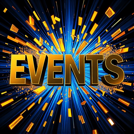 Create a 3D graphic design featuring the word "EVENTS" in bold letters, surrounded by dynamic golden shards and a burst of blue light, shot with a Canon EOS R5 at f/2.8, ISO 100, 1/200 sec, at a 24mm focal length using a wide-angle lens for impactful depth and clarity.