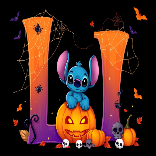 A whimsical and vibrant Halloween-themed digital illustration featuring the letter "L" adorned with spider webs, small bats, and cute spiders. At the base of the letter, a playful alien character similar to Stitch is peeking out from inside a carved pumpkin with glowing eyes, surrounded by additional pumpkins, a small skull, and autumn leaves. The letter is gradient-colored from orange to purple, adding a magical atmosphere to the scene, black background