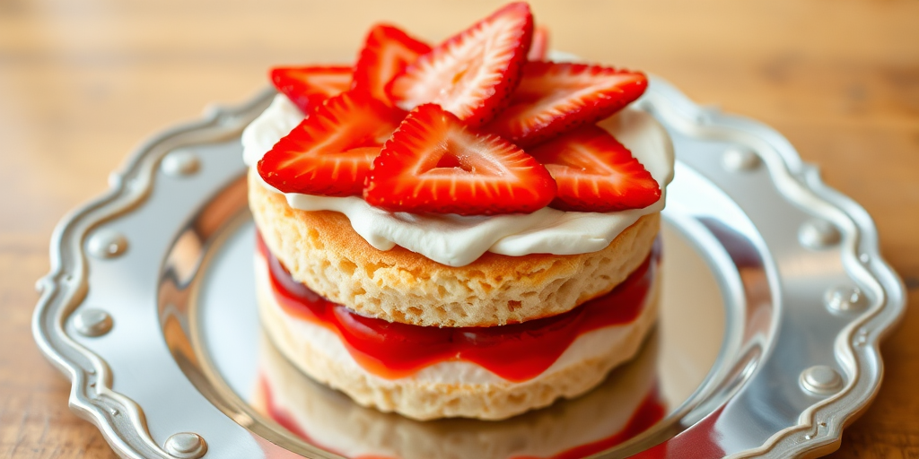 A delicious layered dessert with a soft sponge base topped with a creamy layer of whipped cream and fresh sliced strawberries, featuring a vibrant red jelly layer beneath, displayed on a decorative silver plate.
