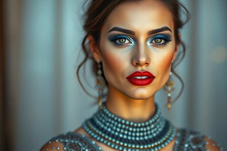 portrait of a woman with bold blue eyeshadow and red lips, intricate beaded top, soft bokeh background, shot with a Canon EOS R5, 85mm f/1.4 lens, ISO 100, aperture f/2.0, natural light, high detail, vibrant colors