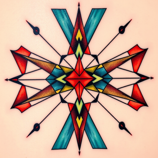 Abstract geometric tattoo named "Sacred Symmetry" featuring bold, colorful shapes and lines arranged in perfect symmetry to create a visually striking and balanced composition