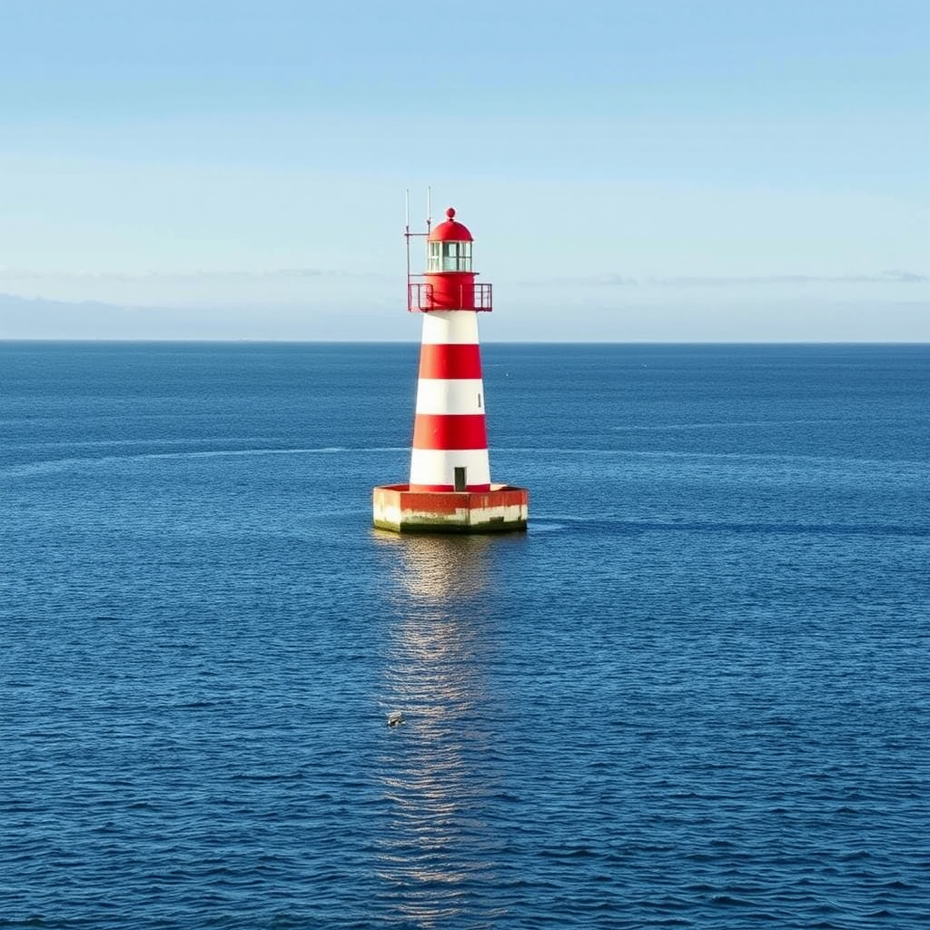 Regenerate the image of a red and white striped lighthouse standing alone in a calm body of water, captured with a Canon EOS 5D Mark IV, 50mm lens, aperture f/8, ISO 100, in sunlight, using a wide-angle view to enhance clarity and depth.