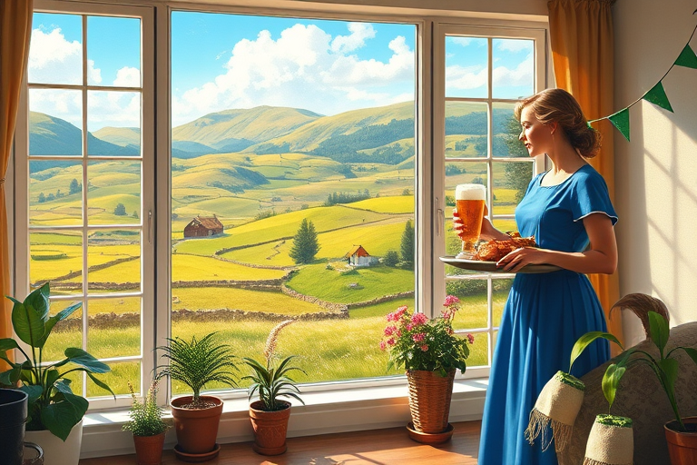 In "A Glass of Beer on the Highland," a serene scene is depicted in a sunlit room where a woman in a vibrant blue dress stands by a large window. She holds a tray with a hearty meal and a frothy glass of beer, embodying a moment of relaxation. Outside, the breathtaking highland landscape features rolling green hills and a charming traditional house, all bathed in warm afternoon light. The interior is adorned with potted plants, creating a harmonious blend of comfort and nature. The painting beautifully captures the tranquility and joy found in simple pleasures amidst stunning scenery