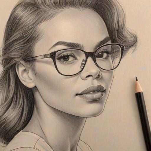 Beauteous Leslie Grace, pencil sketch, portrait of Attractive woman 1947s in glasses, hair style beatnik, outline, clear lines, fine lines, 8k