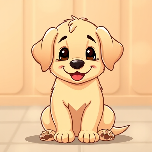 Create a high-resolution cartoon image of a cute, smiling golden puppy sitting down, using a DSLR camera with a 50mm lens at f/2.8, ISO 100, and a soft focus background for enhanced clarity and detail.