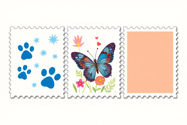 Create an illustration of three postage stamps with a light pastel background, one featuring blue paw prints and stars, the second with a butterfly and colorful flowers, and the third in a solid peach color, high-resolution digital art, 300 DPI, close-up view, using a Wacom tablet.
