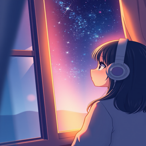 Digital illustration of a girl with headphones gazing out a window at a starry night sky, warm ambient lighting, focus on her thoughtful expression, using a 50mm lens, f/1.8 aperture, ISO 200, soft focus style, high-resolution digital art quality.