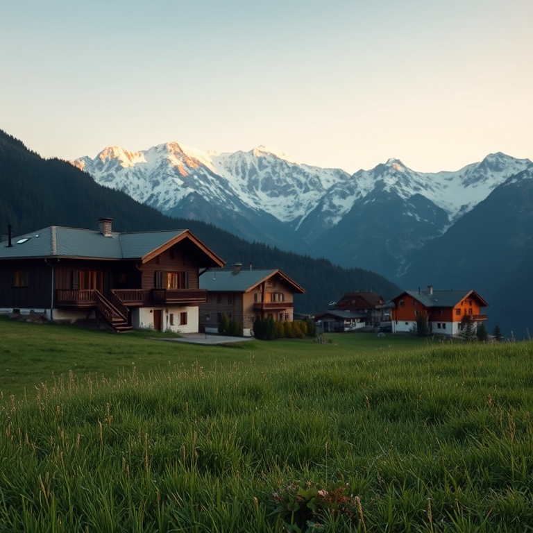 A serene mountain landscape with a foreground of lush green grass, charming houses with balconies, and majestic snowy peaks in the background, captured during golden hour; camera settings: ISO 200, aperture f/8, shutter speed 1/125s; camera view: wide-angle; camera style: landscape photography; camera type: DSLR.