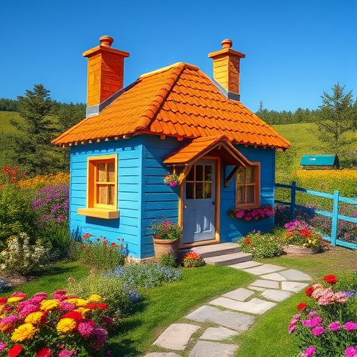 Regenerate a whimsical cottage in a vibrant landscape with a blue exterior and orange roof, surrounded by colorful flowers and a winding path, in bright daylight, using a DSLR camera with a 50mm lens, aperture f/8, ISO 200, and a wide-angle view to enhance the detail and depth.