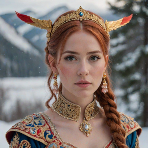 A young woman with long, flowing red hair, wearing a traditional, ornate red and blue costume with gold accents and intricate embroidery, stands facing the viewer in a close-up portrait. Her hair is styled in a high ponytail and adorned with a pair of golden, winged hairpieces. She wears gold earrings and her makeup is accented with light pink blush and a bright red lip. She has a soft and slightly melancholic expression, with her eyes looking directly at the camera. The background is a blurred, out-of-focus snowy landscape, with the woman in the foreground. The lighting is soft and natural, creating a warm, intimate atmosphere. The image is composed using a shallow depth of field, with the woman as the main focal point. The overall style is elegant, delicate, and fairytale-like.