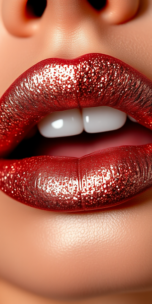 Glittery rose gold lips with a metallic sheen, adorned with tiny sparkling particles, creating a dazzling and eye-catching effect for a glamorous night out