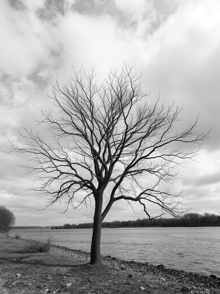 capture a black and white photograph of a barren tree by a riverbank under a cloudy sky using a DSLR camera, 50mm lens, f/8 aperture, ISO 100, and a shutter speed of 1/250 seconds, with a landscape orientation and focus on the tree's intricate branches for enhanced detail