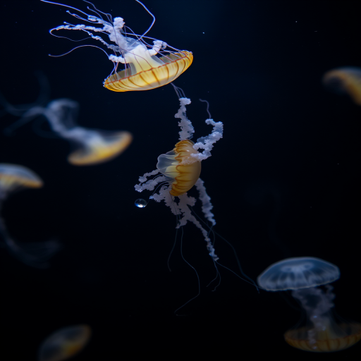 Capture a serene underwater scene of jellyfish floating gracefully in a dark tank, using a Canon EOS 5D Mark IV with a 50mm f/1.8 lens, aperture set to f/2.8, ISO 400, and a shutter speed of 1/200s for a soft bokeh effect and enhanced clarity.