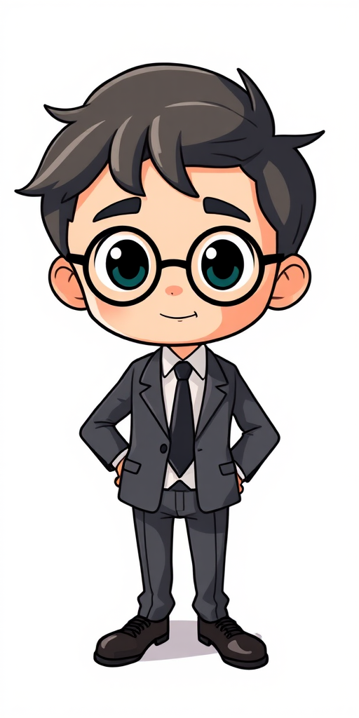 Create a high-resolution digital illustration of a cartoon character in a formal suit standing confidently, using a Canon EOS R5 camera with a 50mm f/1.2 lens, aperture set to f/2.8, and a top-down view for enhanced detail and clarity.