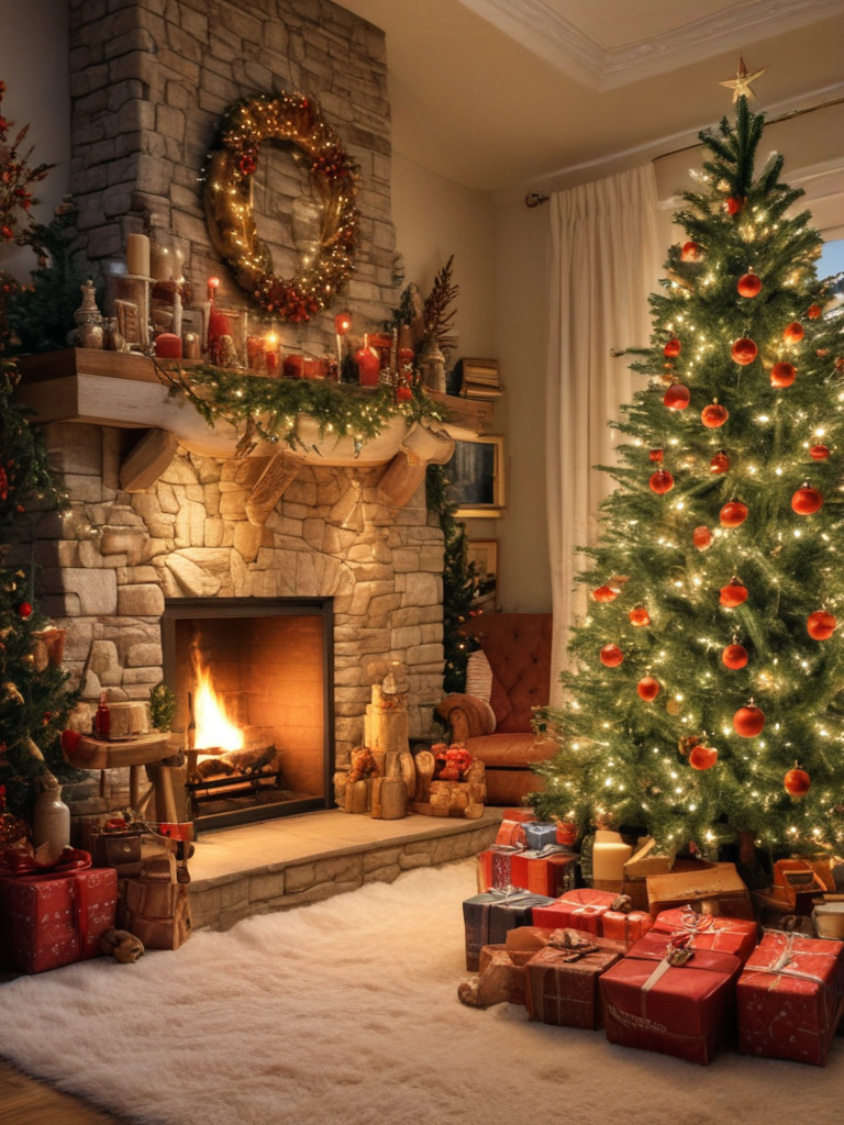 Cozy Christmas Living Room with Decorated Tree and Warm Fireplace