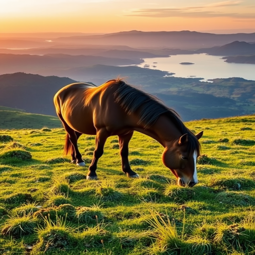 regenerate a scenic landscape image of a horse grazing in a green meadow with distant hills and a body of water, captured during golden hour with a DSLR camera, aperture f/8, ISO 100, shutter speed 1/250s, 50mm lens, high dynamic range, aerial view