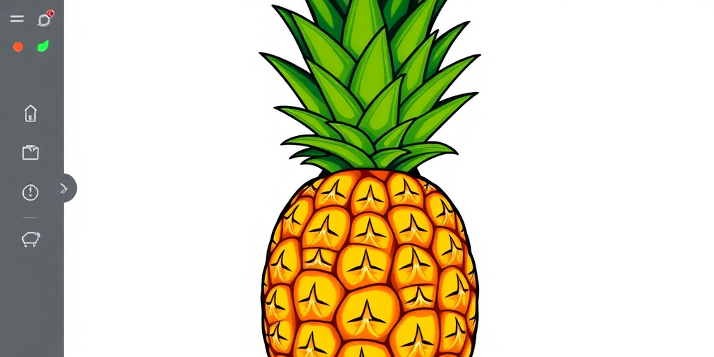 Create a high-resolution vector illustration of a pineapple with a bright yellow body and vibrant green leaves, using a digital drawing tablet, set at 300 DPI, in a flat design style, with a focus on clean lines and bold colors.