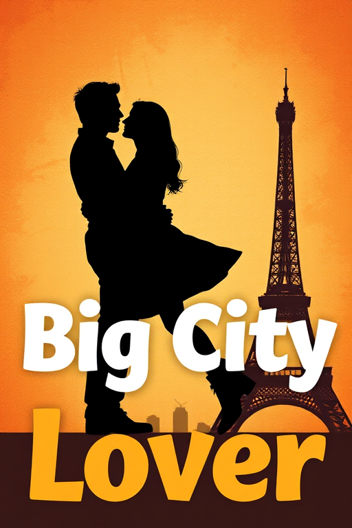 Create an artistic graphic featuring the silhouettes of a couple in a romantic pose against a textured background that transitions from orange to teal, with the Eiffel Tower icon and the text "Big City Lover" in a large, playful font, shot with a DSLR camera at f/2.8, 1/100s, ISO 100, in portrait orientation, using a soft focus lens for a dreamy effect.