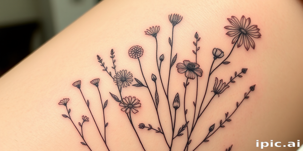 Delicate fine line tattoo showcasing a detailed botanical illustration of wildflowers and herbs, thin precise strokes creating realistic petals and leaves, soft muted colors for a vintage-inspired look