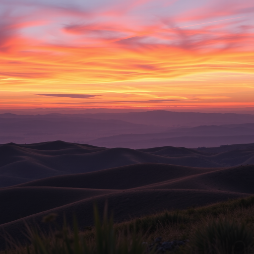 Generate an image of a serene landscape with rolling hills and a vibrant sunset sky, using a Canon EOS R5 camera with a 24mm f/1.4 lens, set at ISO 100, aperture f/11, shutter speed 1/125s, shot from a low angle to capture depth, in landscape orientation for enhanced detail and color saturation.