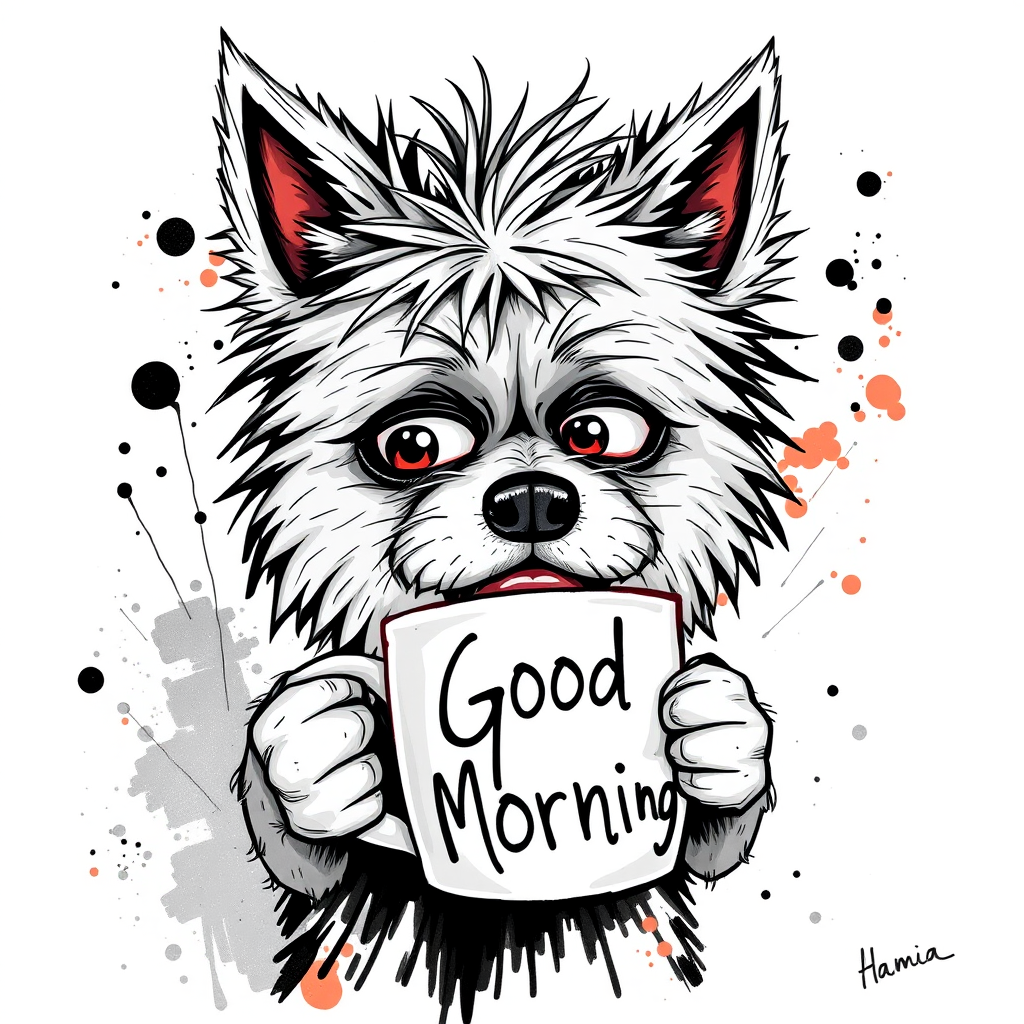 A quirky, artistic illustration of a disheveled german spitz with exaggerated, large eyes and spiky fur, holding a coffee mug that reads "Good Morning". The dog has a tired but humorous expression, with ink splatters and abstract details surrounding it, giving a whimsical feel to the image. The color palette is mostly monochrome with hints of red in the eyes and steam rising from the mug, enhancing the overall sleepy vibe