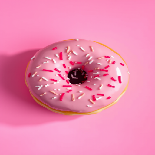 A colorful donut with pink icing and sprinkles on a flat pink background, captured with a Canon EOS R5, 50mm lens, f/2.8 aperture, ISO 100, in a bright soft natural light setting, top-down view for a clean and vibrant focus.
