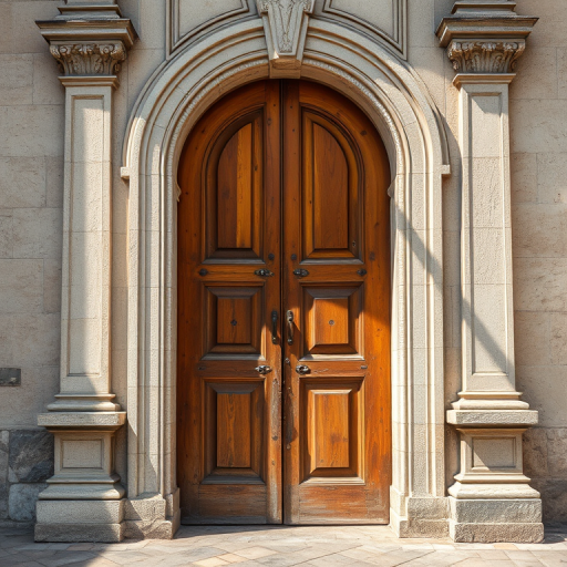 Regenerate a vintage wooden door with ornate stone framing, captured with a Canon EOS 5D Mark IV, 35mm lens, aperture f/8, ISO 100, shot in natural light from a low angle to highlight the details.