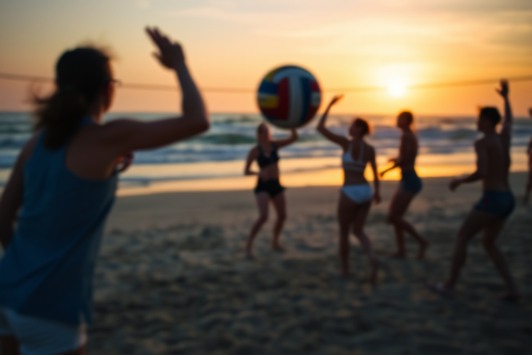 Blurry, candid photo of a group of friends playing volleyball on a beach at sunset, the ball mid-flight, distant waves crashing on the shore, and the golden light of the setting sun casting long shadows on the sand.