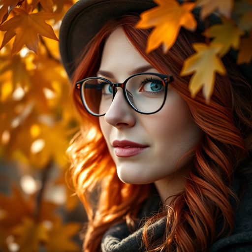 Portrait of a woman with wavy red hair wearing glasses and a hat, surrounded by autumn leaves, shot with a Canon EOS R5 at f/1.8, ISO 100, 50mm lens, in natural light for enhanced color saturation and bokeh effect.