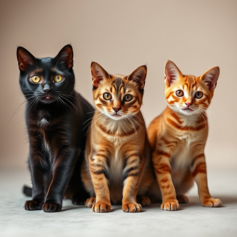 Capture a high-resolution image of three cats, including a black cat, a Siamese cat, and an orange tabby, arranged in a dynamic pose against a soft-focus background, using a DSLR camera with a 50mm lens, aperture at f/2.8, ISO 100, and a shutter speed of 1/200s for sharp details and vibrant colors.