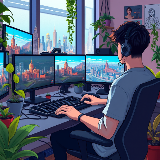 Create a detailed illustration of a young person working at a modern gaming desk filled with high-tech equipment and plants, with multiple monitors displaying vibrant cityscapes, in low natural light, shot with a DSLR camera at f/2.8, ISO 100, 35mm lens, with soft focus and warm color grading.