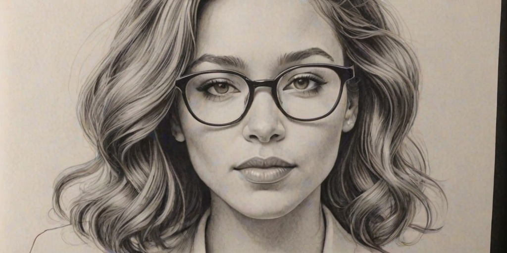 Stunning Jessica Parker Kennedy, pencil sketch, portrait of Stunning woman 1926s in glasses, hair style beatnik, outline, clear lines, fine lines, 8k