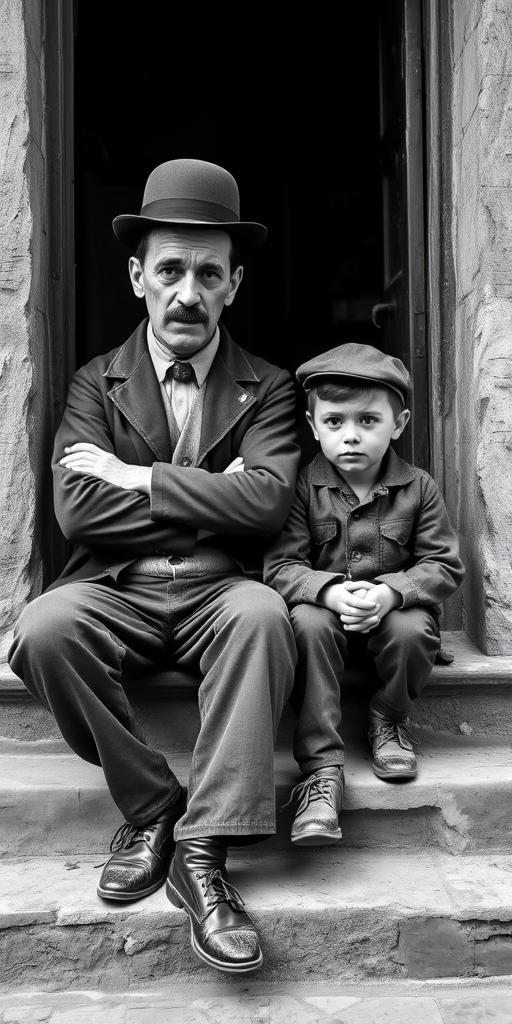 A black-and-white photograph of a man and a child sitting on steps in front of a doorway. The man is dressed as a tramp with a bowler hat, mustache, and ragged clothes, reminiscent of Charlie Chaplin's iconic look. He is sitting with his arms crossed and an expression of slight sadness or frustration. Next to him is a young boy, also in worn clothes and a cap, sitting with his hands clasped, looking thoughtful. The background is an old, textured wall and a partially open door, creating a vintage, early 20th-century atmosphere.
