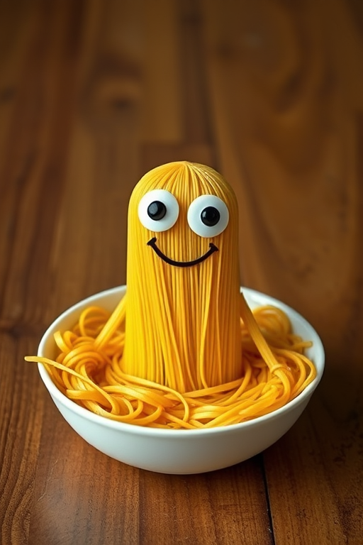 Create a whimsical sculpture of spaghetti shaped like a person, with large googly eyes and a cheerful smile, sitting in a bowl of spaghetti on a wooden table, using a DSLR camera with a 50mm lens, f/2.8 aperture, ISO 100, and a soft, diffused lighting setup.