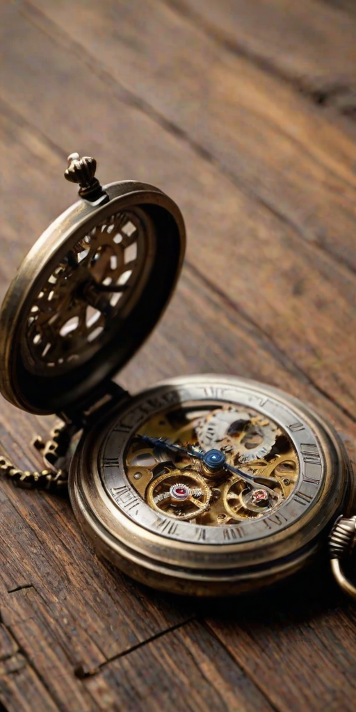 Sharp, detailed close-up of a vintage pocket watch lying open on a rustic wooden table, soft afternoon light illuminating the intricate gears and worn leather strap, with a faint ticking sound almost audible.