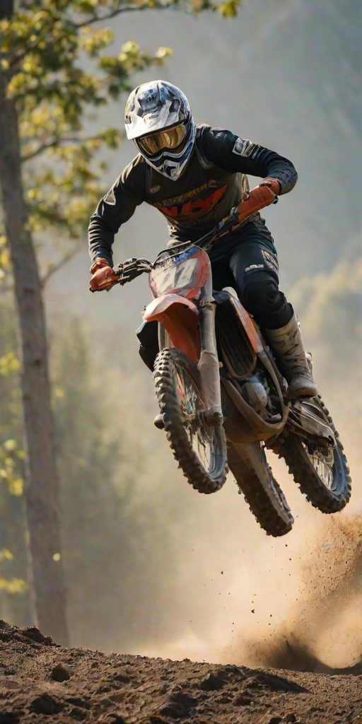 Blurry, action-packed image of a motocross rider mid-jump, dirt flying up beneath the wheels, intense concentration on the rider's face, distant mountains and trees visible below, sunlight reflecting off the rider's helmet, other riders waiting at the bottom of the hill.