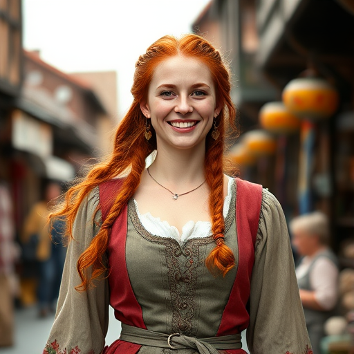delighted woman with red hair in medieval attire walking through a bustling village market, vibrant colors, soft focus background, 50mm lens, aperture f/1.8, ISO 100, natural lighting, DSLR camera, portrait photography style