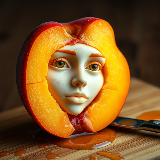 A hyperdetailed photorealistic macro color saturated high resolution image of a peach cut in half, with the peach pit being a highly detailed sculpted woman's face with her eyes open and peach-colored irises. The face has a marble texture. The image includes condensation, moisture, and peach juice. The peach is on a wooden cutting board with a small fruit knife nearby, also covered with juice.