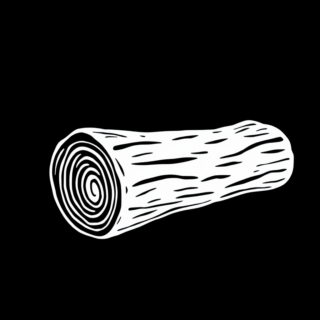 Create a high-resolution illustration of a stylized white log on a black background, using a Canon EOS R5 camera with a 50mm lens at f/1.8, ISO 100, and a shutter speed of 1/100s, capturing a close-up view with sharp details and smooth gradients.