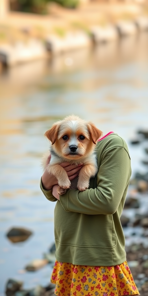 A young girl holding a small dog by a riverbank, with vibrant colors in her clothing, soft natural lighting, shallow depth of field, 50mm lens, aperture f/2.8, ISO 200, daylight setting, portrait orientation.