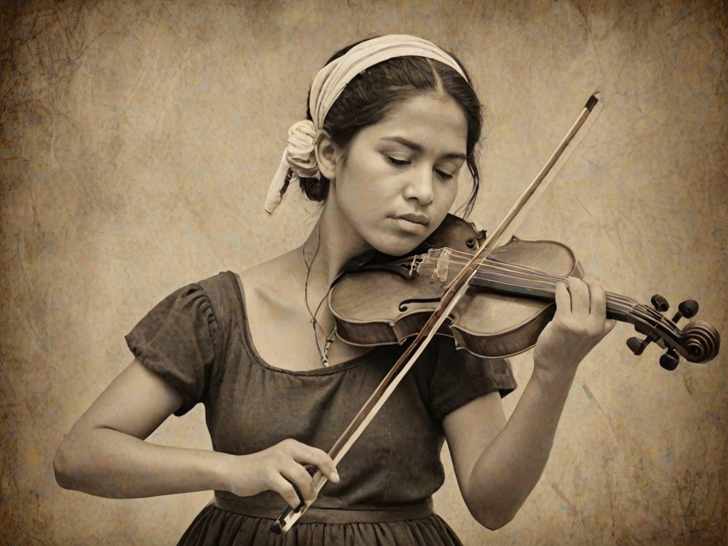 a young Mapuche woman with a white headband playing a violin, in the style of a charcoal drawing, sepia grunge background
